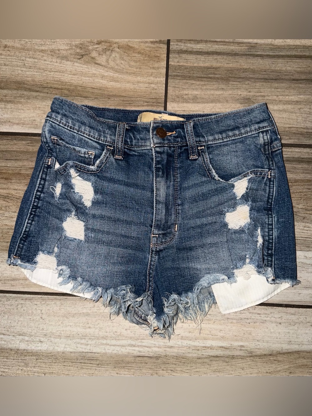 Hollister Distressed Frayed Hem Dark Blue Denim Shorts
